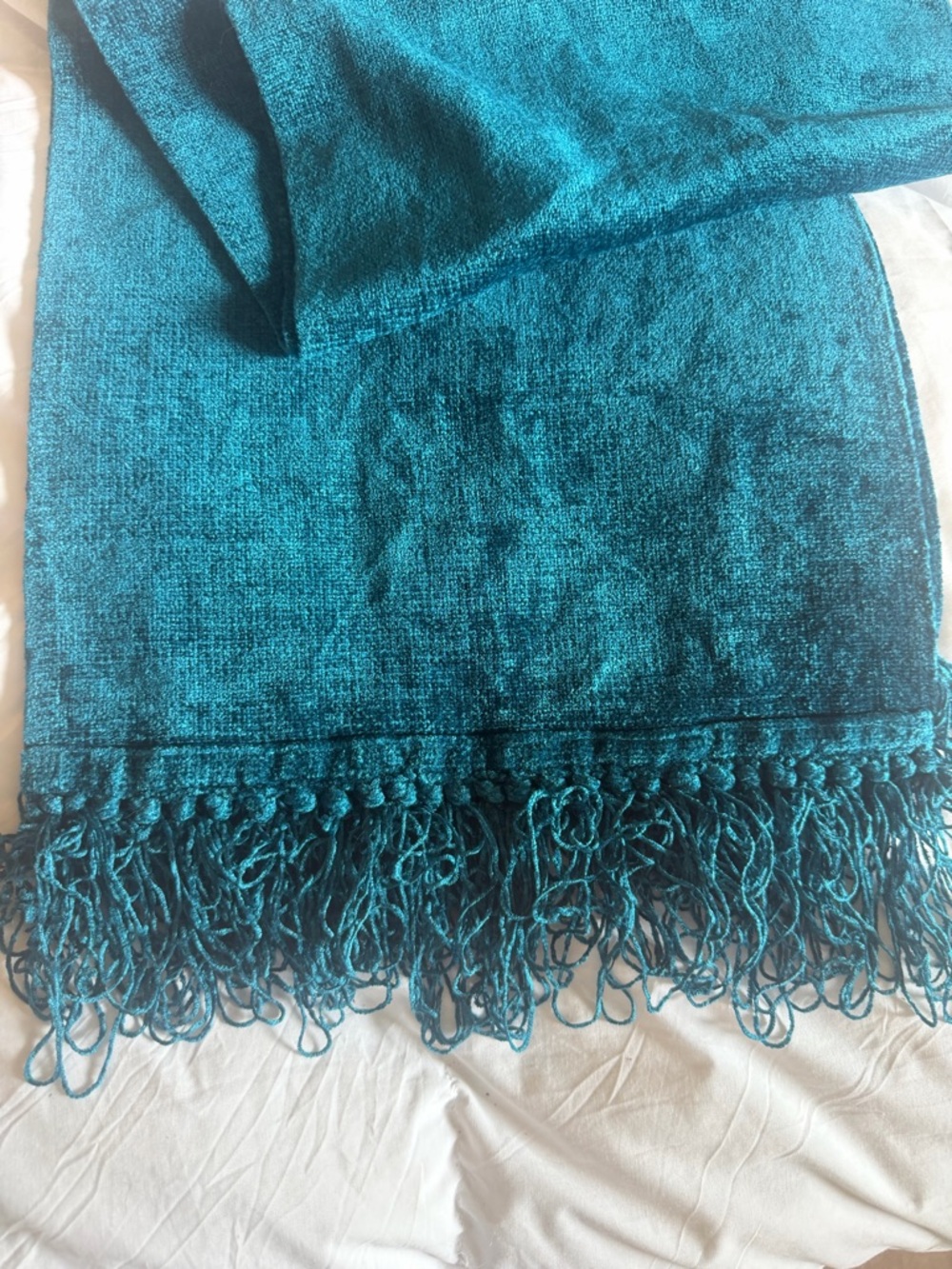 Teal Velvet Chenille Fringe Scarf Vintage - Picture 2 of 3